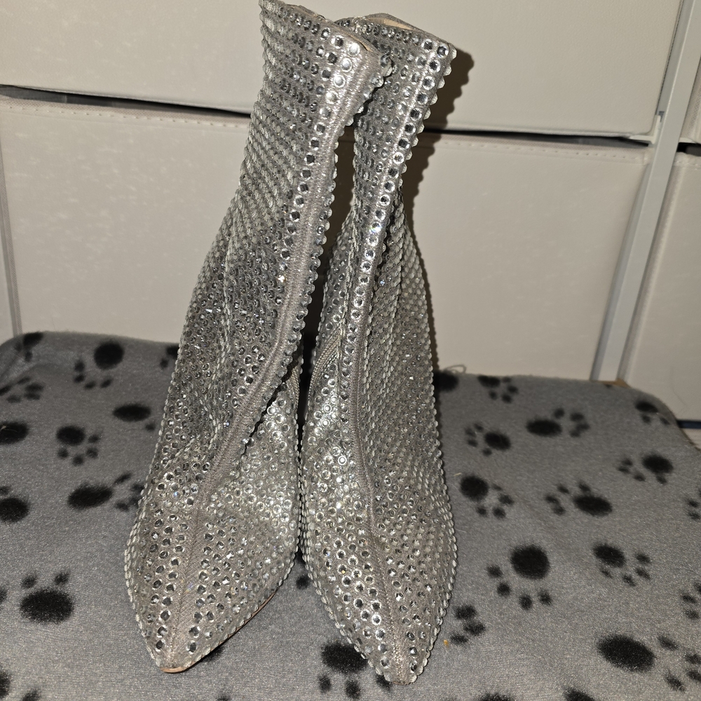 Steve Madden Silver Crystal-Studded Pointed Toe Stiletto Ankle Boots - Picture 2 of 6